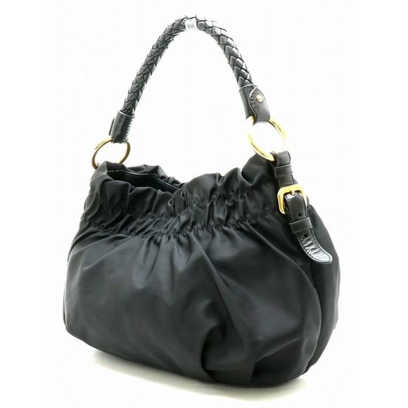 Prada Black Nero Gathered Leather Handbag Nylon - Picture 1 of 9